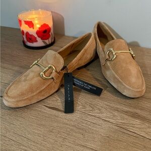 TAHARI Tan Suede Loafers with Gold Buckle, NWT
